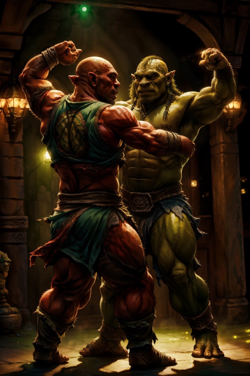 two mature orcs dancing on a balcony (a green mature orc) (a young red orc), facing each other, stood apart, dancing, bright lights