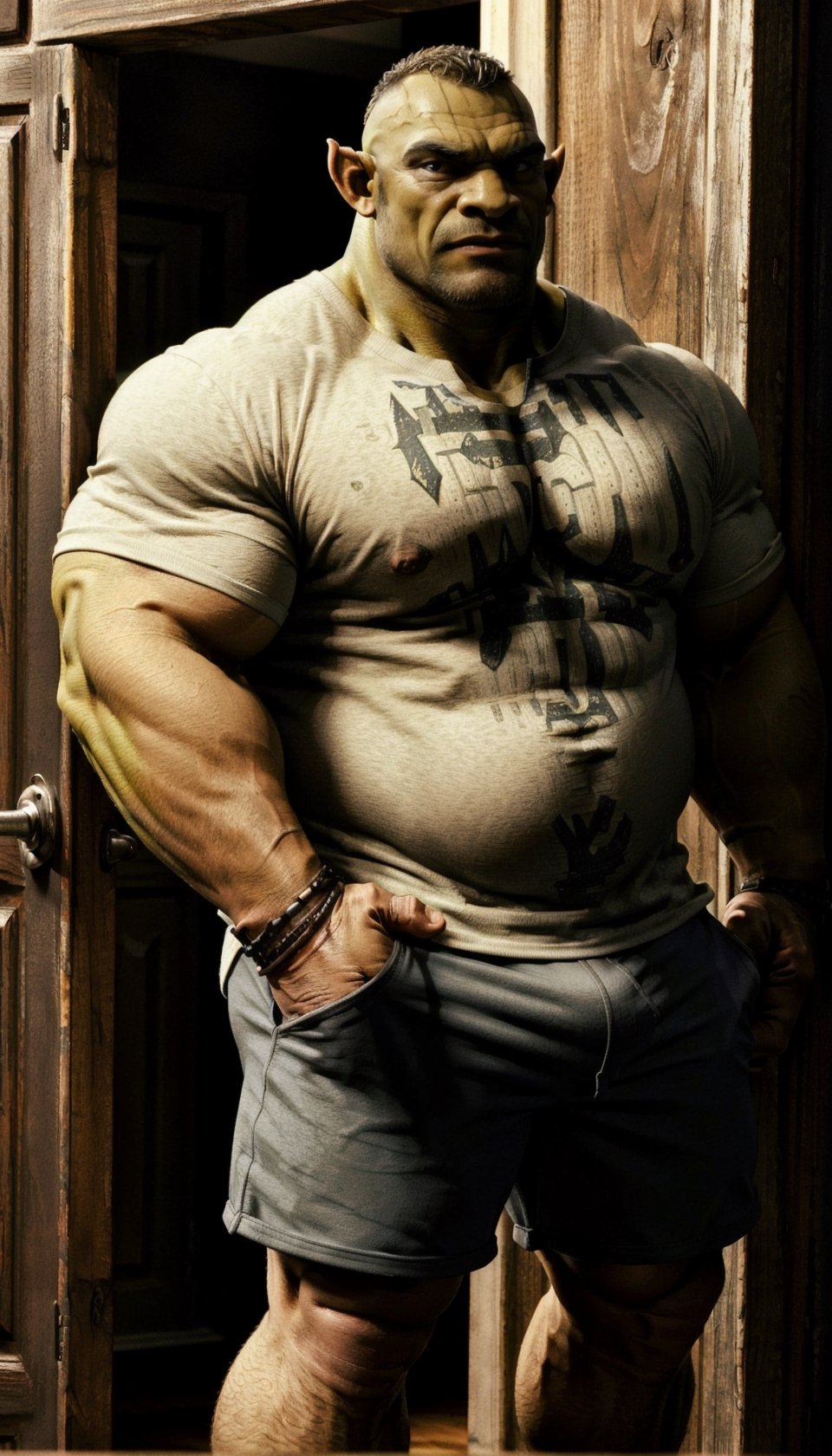 a chubby man style (tall chubby mature orc)(tall chubby bold orc)(chubby muscle orc) in a shirt and shorts, detailed. masterpiece. high resolution. realistic, dynamic lighting. muscle gut, moobs, leaning on a doorframe,