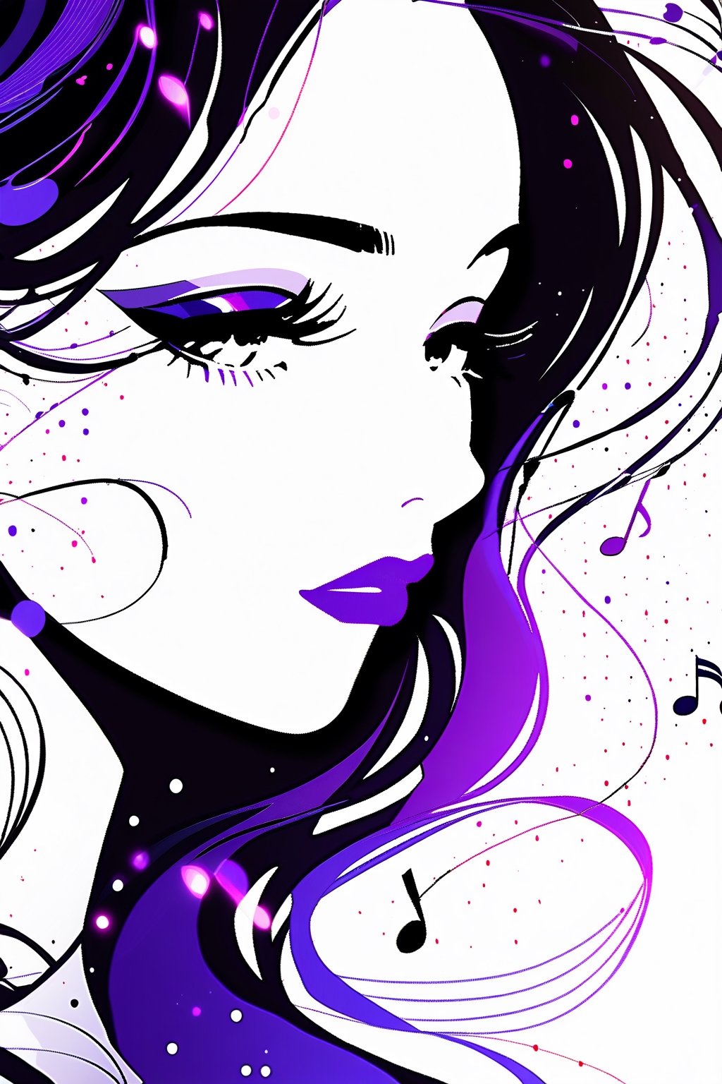 close up of a beautiful woman, face only, monochrome, subtle purple, silhouette, music notes falling around her,