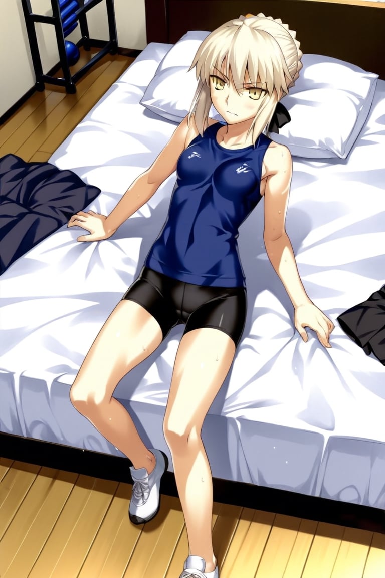 score_9,rating_safe,fate (series),artoria_pendragon_(fate),bike_shorts,gym_uniform,alter,black,black ribbon,((1girl)),small breasts,takeuchi takashi (style),bed
