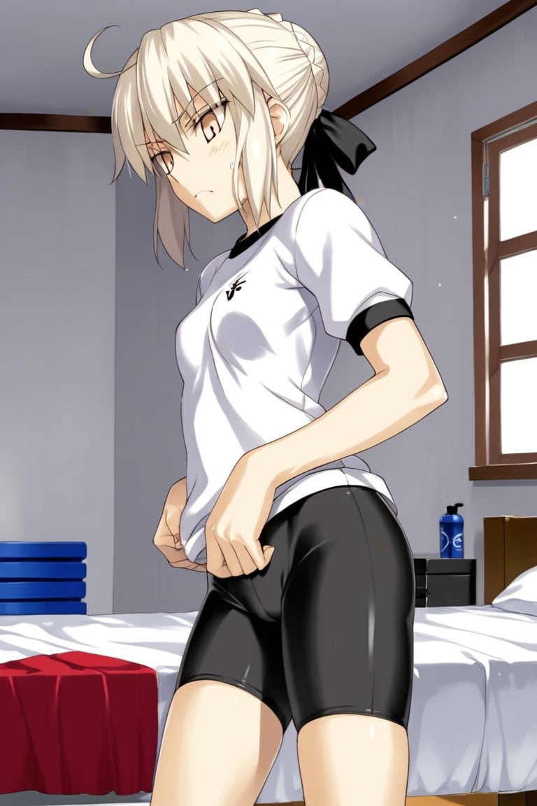 score_9,rating_safe,fate (series),artoria_pendragon_(fate),bike_shorts,gym_uniform,alter,black,black ribbon,((1girl)),small breasts,takeuchi takashi (style),bed,looking down
