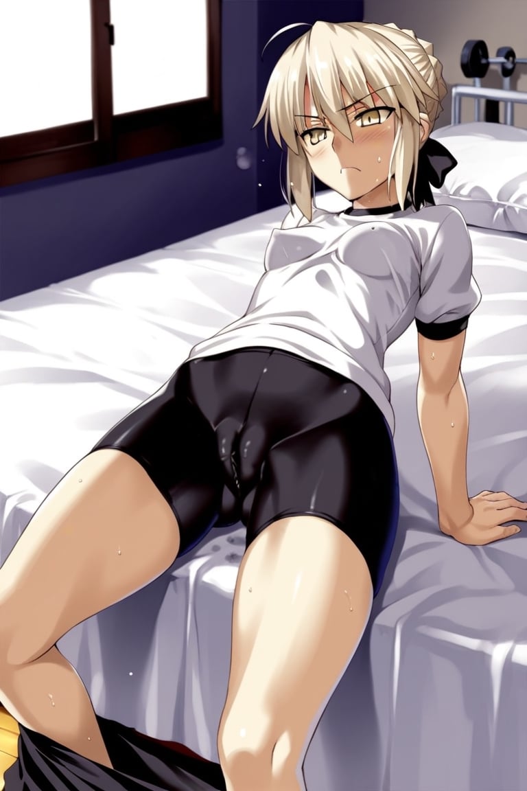 score_9,rating_explicit,fate (series),artoria_pendragon_(fate),bike_shorts,gym_uniform,alter,black,black ribbon,((1girl)),small breasts,takeuchi takashi (style),bed
