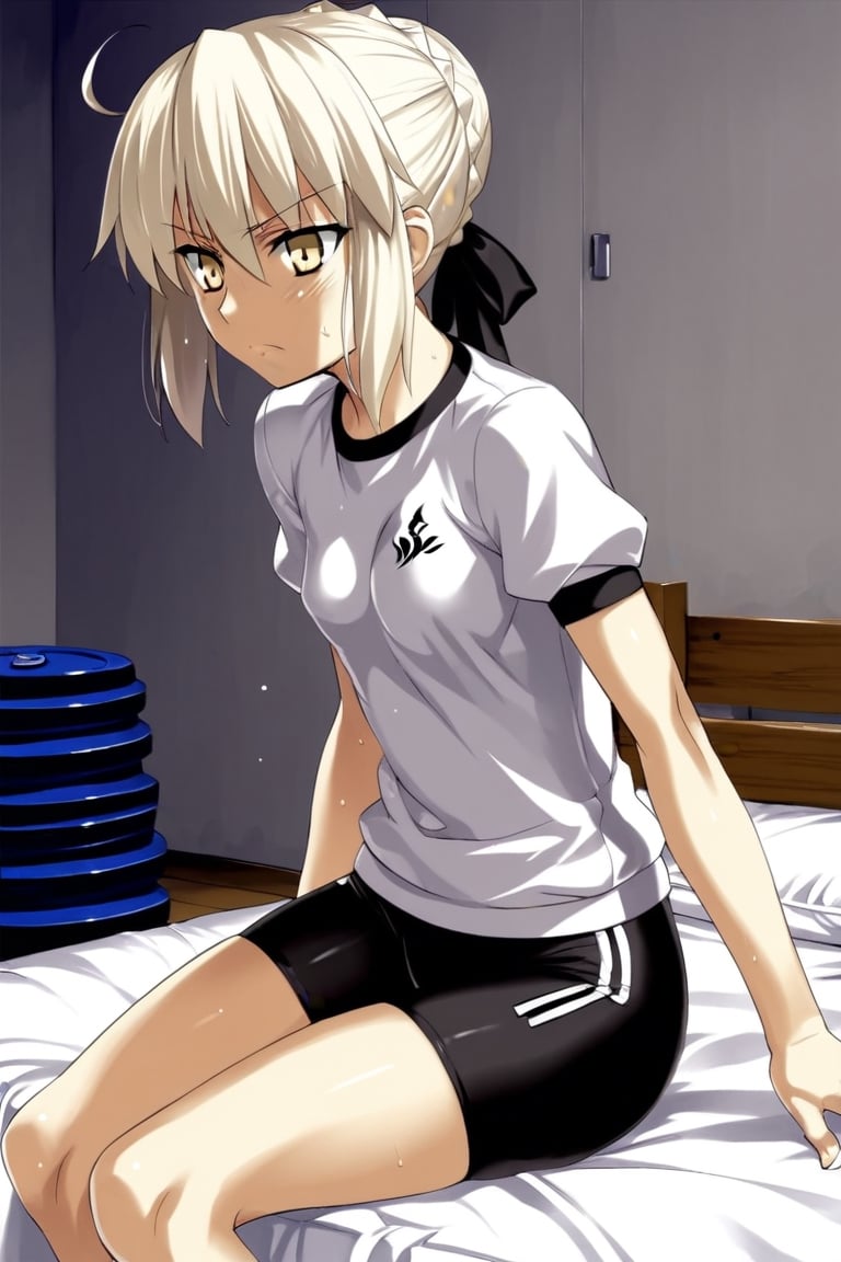 score_9,rating_safe,fate (series),artoria_pendragon_(fate),bike_shorts,gym_uniform,alter,black,black ribbon,((1girl)),small breasts,takeuchi takashi (style),bed
