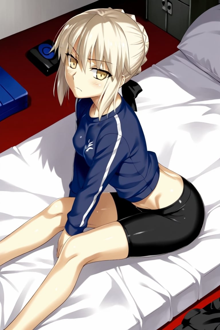 score_9,rating_safe,fate (series),artoria_pendragon_(fate),bike_shorts,gym_uniform,alter,black,black ribbon,((1girl)),small breasts,takeuchi takashi (style),bed
