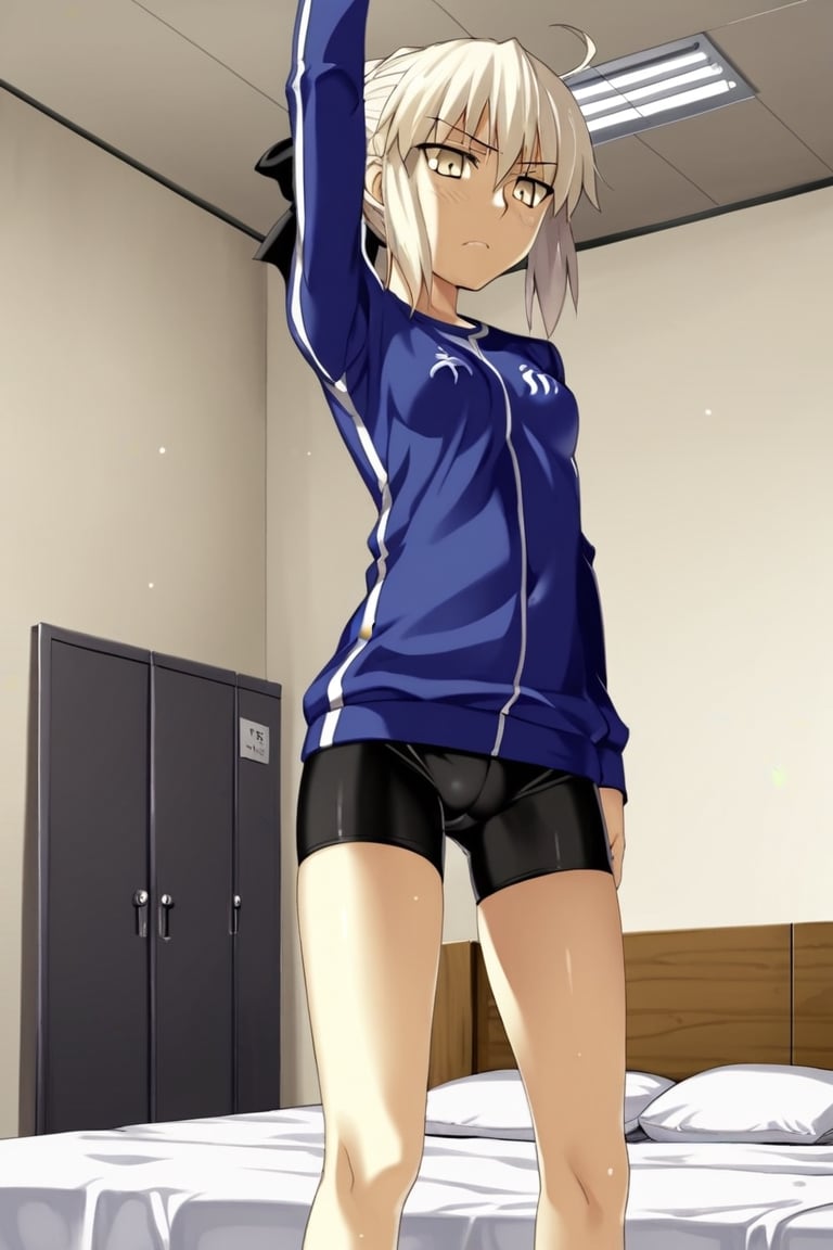 score_9,rating_safe,fate (series),artoria_pendragon_(fate),bike_shorts,gym_uniform,alter,black,black ribbon,((1girl)),small breasts,takeuchi takashi (style),bed,looking down
