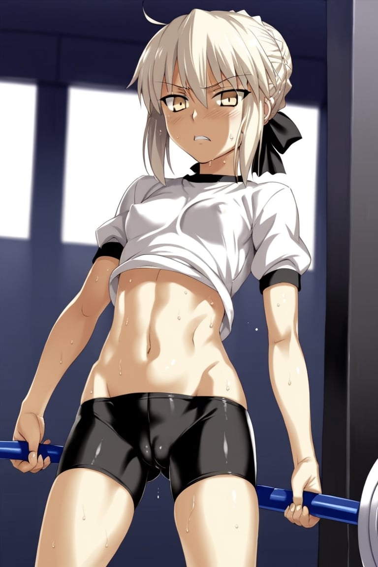 score_9,rating_explicit,fate (series),artoria_pendragon_(fate),bike_shorts,gym_uniform,alter,black,black ribbon,((1girl)),small breasts,takeuchi takashi (style)
