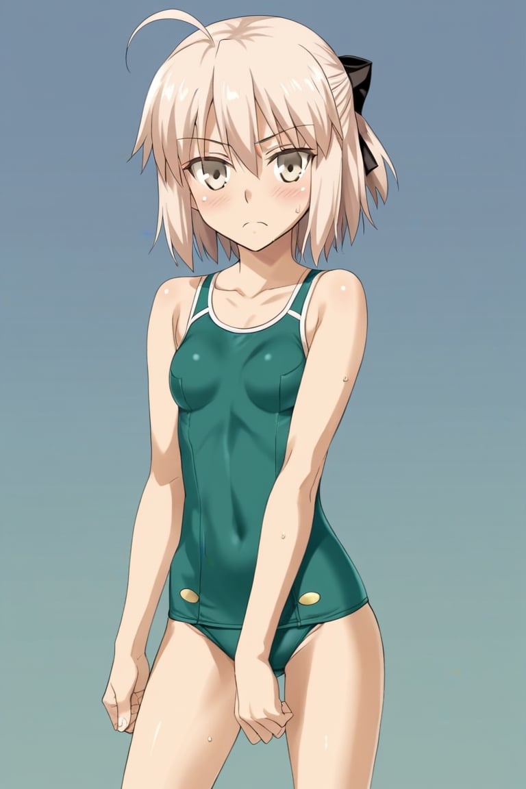 score_9,rating_safe,fate (series),okita_souji_(fate),((1girl)),small breasts,takeuchi takashi (style),green school swimsuit