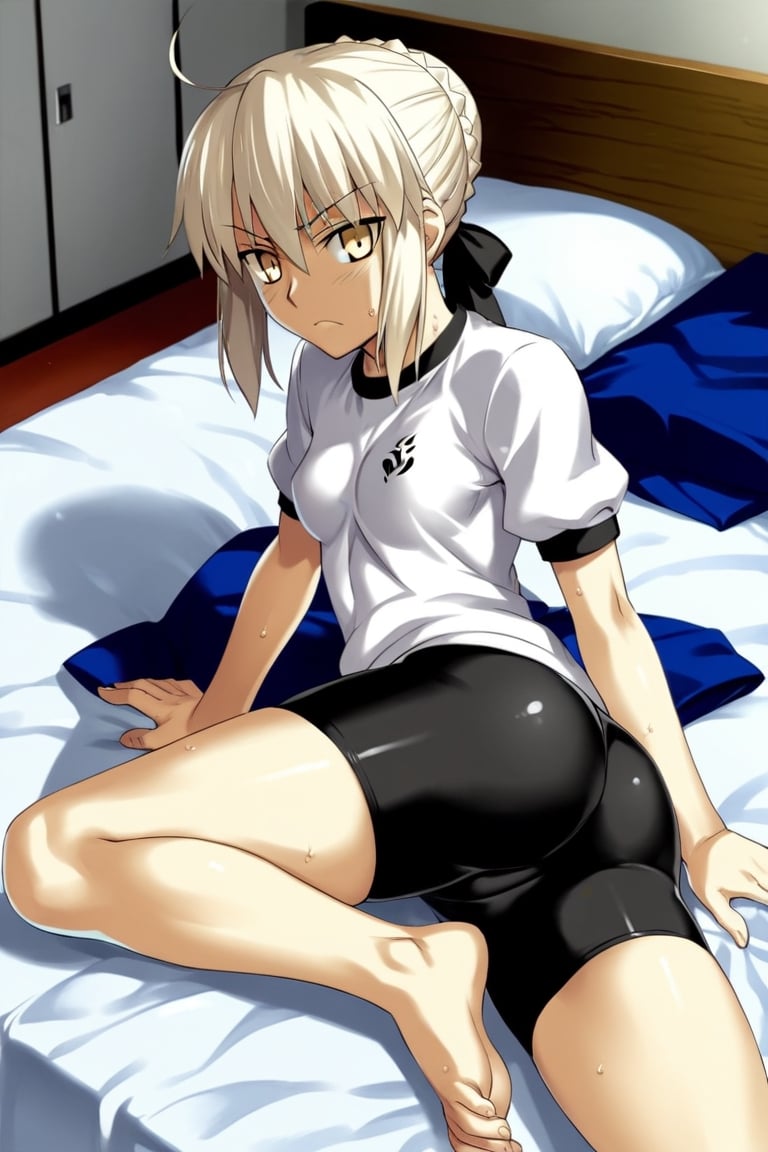 score_9,rating_safe,fate (series),artoria_pendragon_(fate),bike_shorts,gym_uniform,alter,black,black ribbon,((1girl)),small breasts,takeuchi takashi (style),bed
