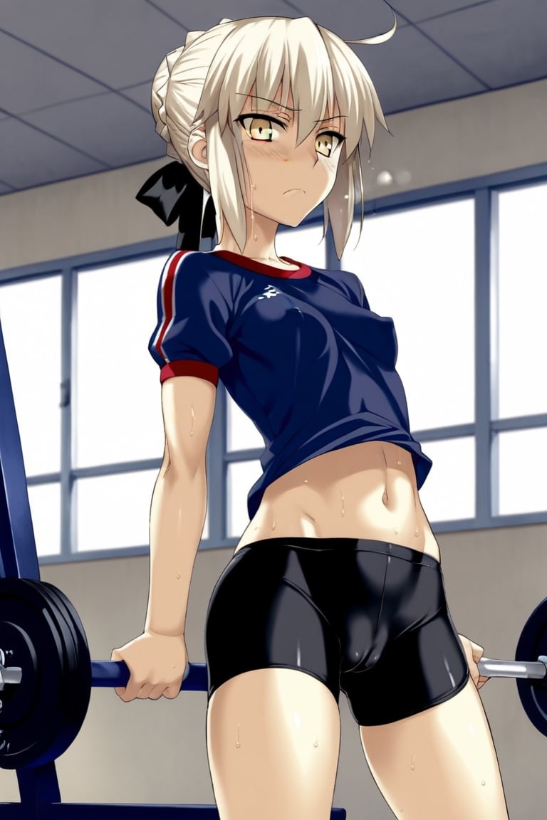 score_9,rating_explicit,fate (series),artoria_pendragon_(fate),bike_shorts,gym_uniform,alter,black,black ribbon,((1girl)),small breasts,takeuchi takashi (style)
