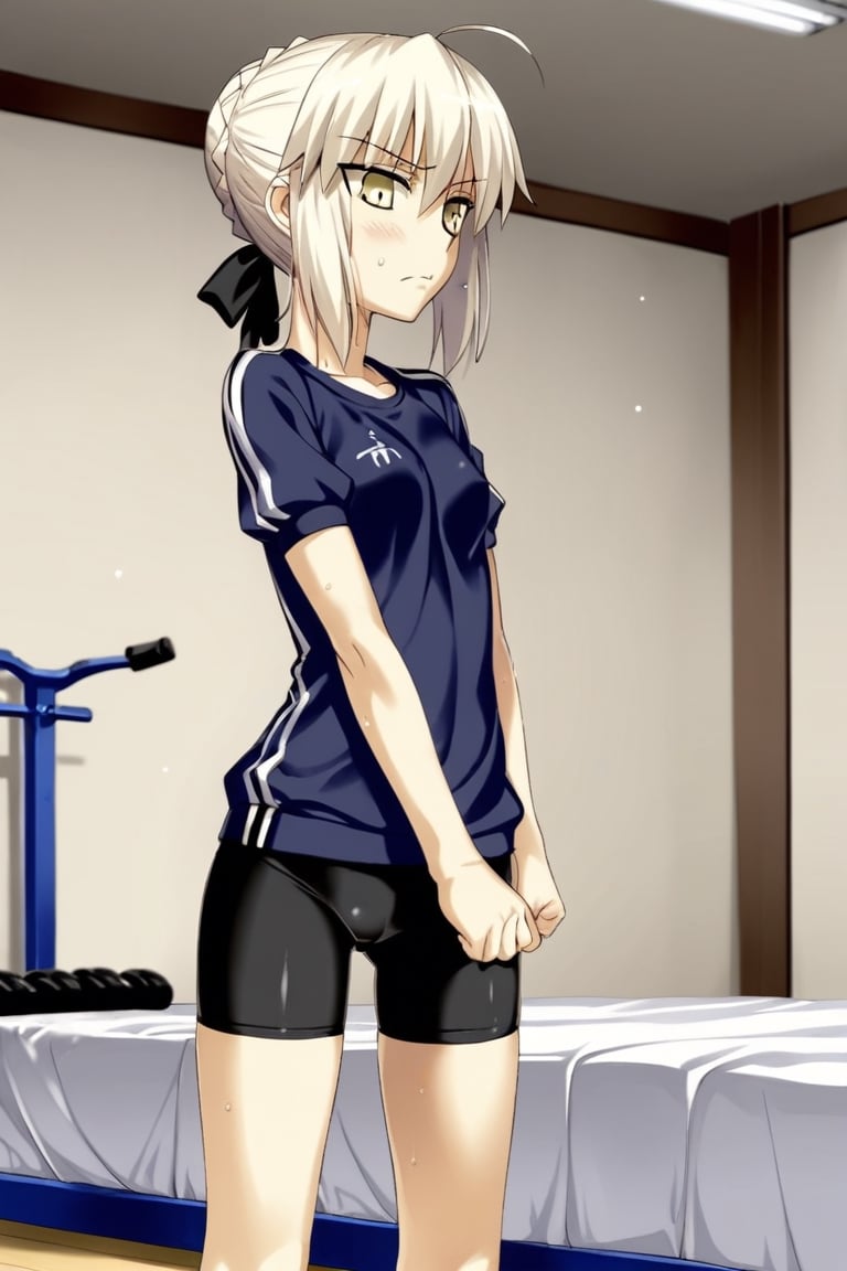 score_9,rating_safe,fate (series),artoria_pendragon_(fate),bike_shorts,gym_uniform,alter,black,black ribbon,((1girl)),small breasts,takeuchi takashi (style),bed,looking down
