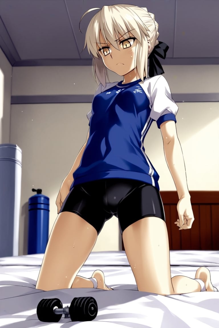 score_9,rating_safe,fate (series),artoria_pendragon_(fate),bike_shorts,gym_uniform,alter,black,black ribbon,((1girl)),small breasts,takeuchi takashi (style),bed,looking down
