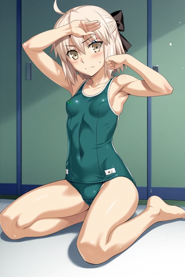 score_9,rating_safe,fate (series),okita_souji_(fate),((1girl)),small breasts,takeuchi takashi (style),green school swimsuit