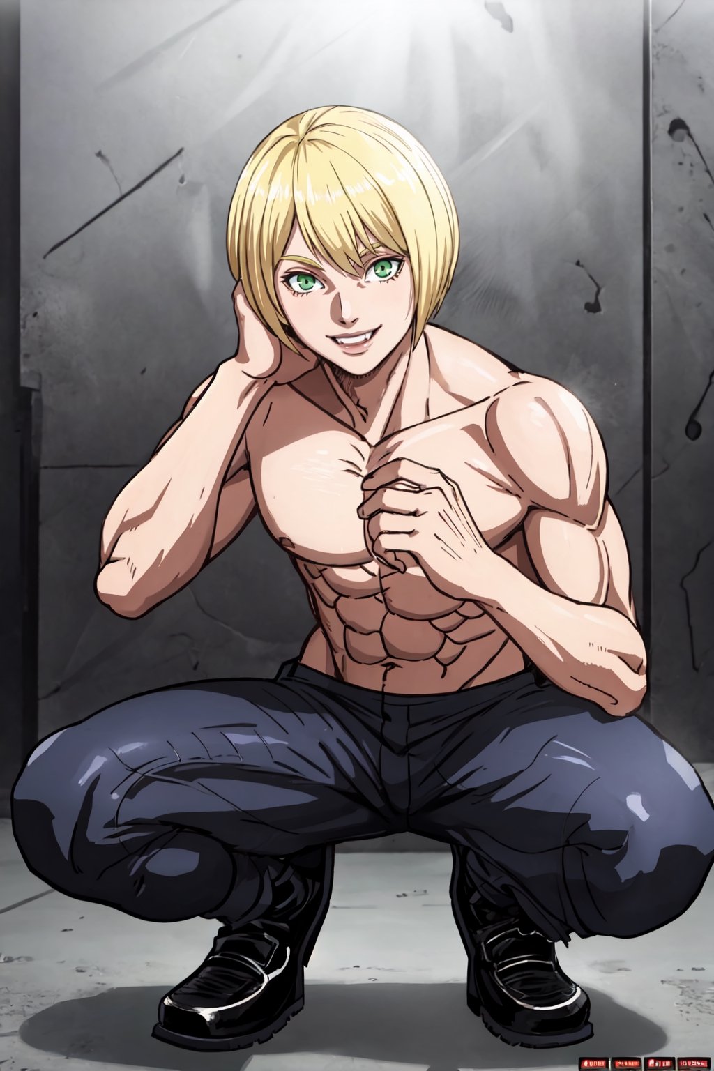 masterpiece, best quality, highly detailed background, perfect lighting, best quality, (extremely detailed face), volumetric lighting, intricate details, shadow, tonemapping, sharp focus, hyper detailed, trending on Artstation, (solo) BREAK (Green eyes, flirtatious smile, blond hair, male body, thick-pecs, square shaped body, male) BREAK (short pants, without shirt) BREAK (River) BREAK (Looking at viewer, squatting, light smile),anime,anime retro