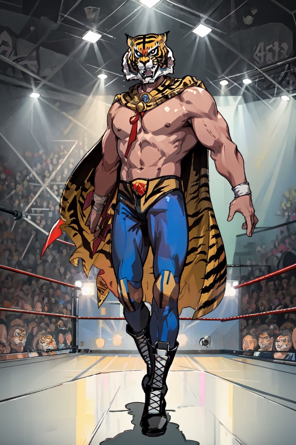 masterpiece, best quality, perfect lighting, best quality, (extremely detailed face), volumetric lighting, intricate details, shadow, tonemapping, sharp focus, hyper detailed, trending on Artstation, (solo) BREAK (male, man, adult man, square shaped body , muscled, big pecs, toned arms, adult,) BREAK (tiger mask, blue pants, white boots) BREAK (wrestling ring) BREAK (standing, confident smile, looking at viewer),90s, 1man