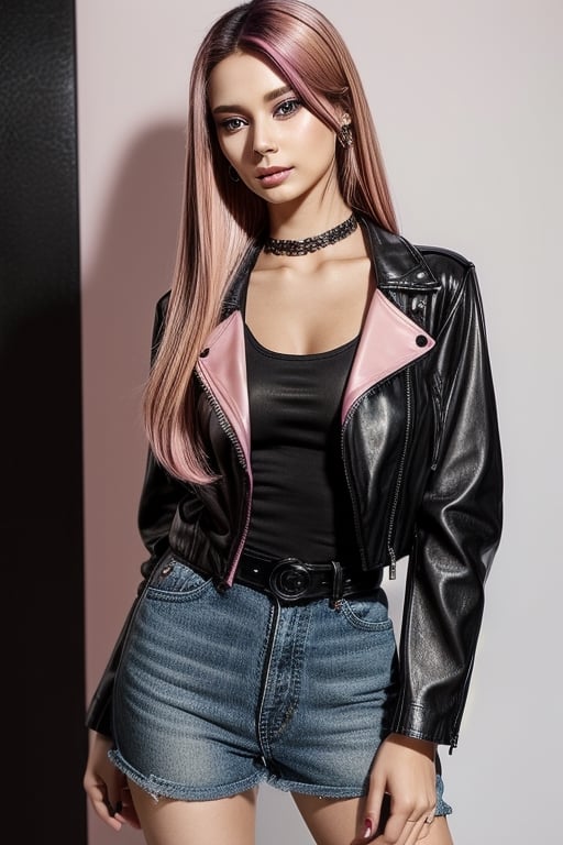 score_7_up,  Realistic full photo, full body,
Black and pink haired woman with pink highlights, long hair, 18 years old, beautiful, makeup, elegant, neckless, earing,  wearing a black Top,  leather jacket and a leather clothes and smoking a vap,  nigthclub, pose,  photorealistic,Tzuyu