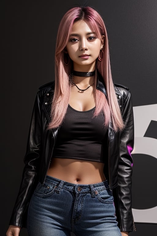 score_7_up,  Realistic full photo, full body,
Black and pink haired woman with pink highlights, long hair, 18 years old, beautiful, makeup, elegant, neckless, earing,  wearing a black Top,  leather jacket and a leather clothes, jeans,  and smoking a vap,  nigthclub, pose, It emits a light source from the hands,  photorealistic,Tzuyu