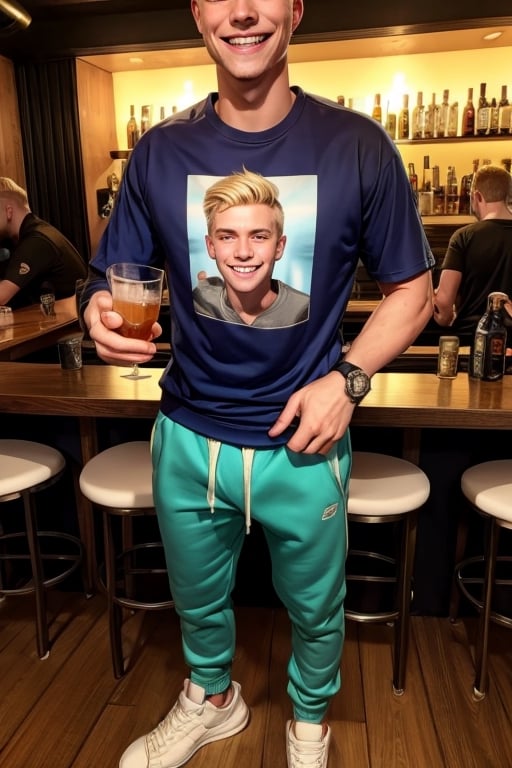 score_7_up,  Realistic photo,
full body , man, 19 years old, blond, (hair:0.2), Shaved, (Beard:0.0),(safe t-shirt:1.2), skinny,  wear a Sweatshirt, sweatpants,  sneakers, wristwatch, He drinks bear in a glass, he is happy, smiling, very happy face, in a nightclub,cute blond boy, 