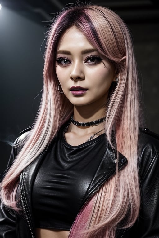 score_7_up,  Realistic full photo, full body,
Black and pink haired woman with pink highlights, long hair, 18 years old, beautiful, makeup, elegant, neckless, earing,  wearing a black Top,  leather jacket and a leather clothes and smoking a vap,  nigthclub,  photorealistic,Tzuyu