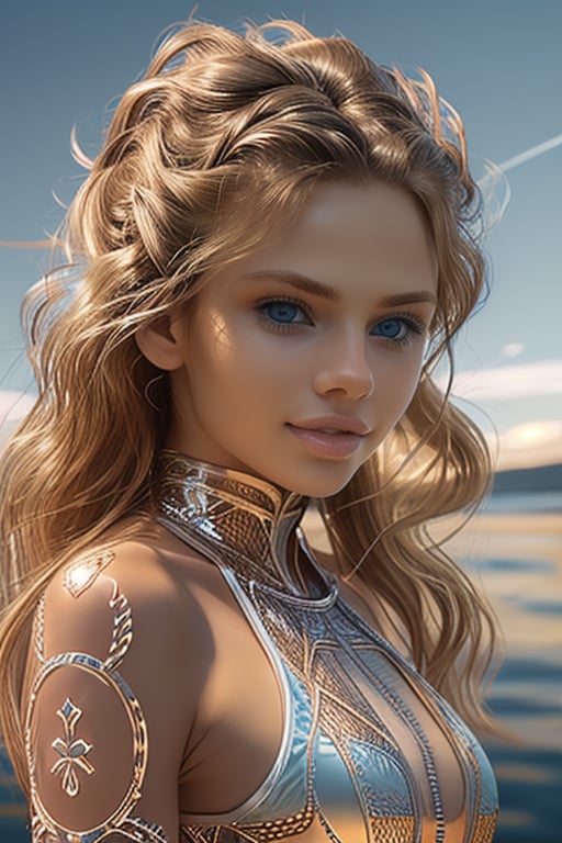 High quality, 4k, masterpiece, Caucasian girl, 17 year old, blue light eyes, blonde hair, wavy hair, long hair, hair in a ponytail, red lips, outlined eyes, discreet smile, perfect teeth, athletic body, (breasts:0.6), (Hips:0.7), (Slim: 1.3) , full body photo, elegant clouthes

