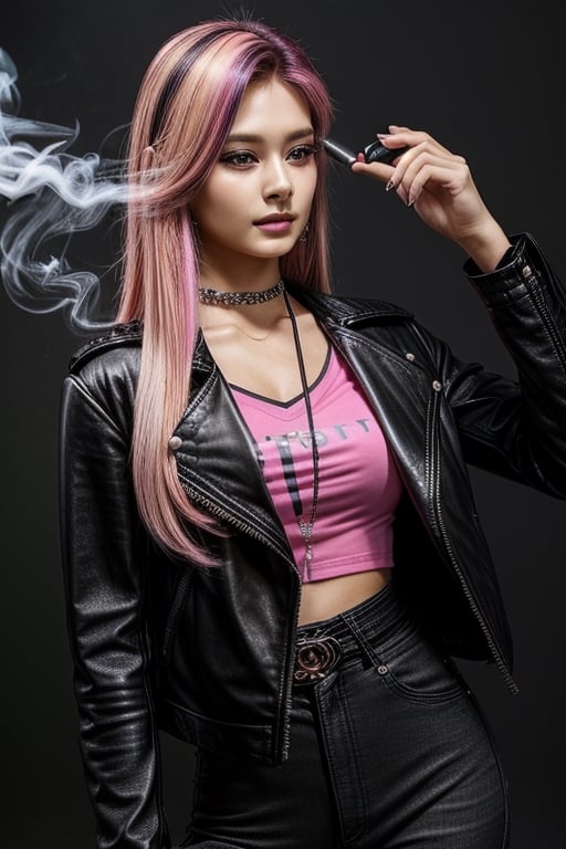 score_7_up,  Realistic full photo, full body,
Black and pink haired woman with pink highlights, long hair, 18 years old, beautiful, makeup, elegant, neckless, earing,  wearing a black Top,  leather jacket and a leather clothes and smoking a vap,  nigthclub,  photorealistic,Tzuyu