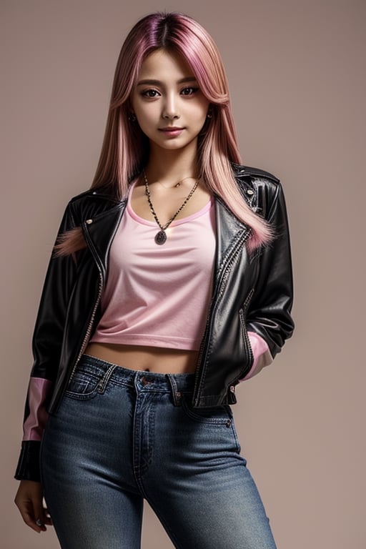 score_7_up,  Realistic full photo, full body,
Black and pink haired woman with pink highlights, long hair, 18 years old, beautiful, makeup, elegant, neckless, earing,  wearing a black Top,  leather jacket and a leather clothes, jeans,  and smoking a vap,  nigthclub, pose, she emits a light source from the hands,  photorealistic,Tzuyu