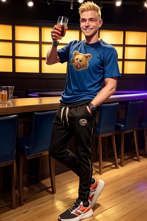 score_7_up,  Realistic photo,
full body , man, 19 years old, blond, (hair:0.2), Shaved, (Beard:0.0),(safe t-shirt:1.2), skinny,  wear a Sweatshirt, sweatpants,  sneakers, wristwatch, He drinks bear in a glass, he is happy, smiling, very happy face, dancing in a nightclub, cute blond boy, 