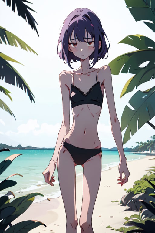 a very skinny woman, 19 years old, lace and sexy underwear, on a tropical island, at the beach, extreme malnourished, starving for weeks, fainting from hunger, exhausted, tired, walking, losing balance, fainting, getting unconscious, twilight, intimacy, soft lighting, masterpiece, best quality, high quality, highres, absurdres, very detailed, high resolution, sharp, sharp image, 8k, vivid, colorful, stunning, anime, aesthetic, skinny