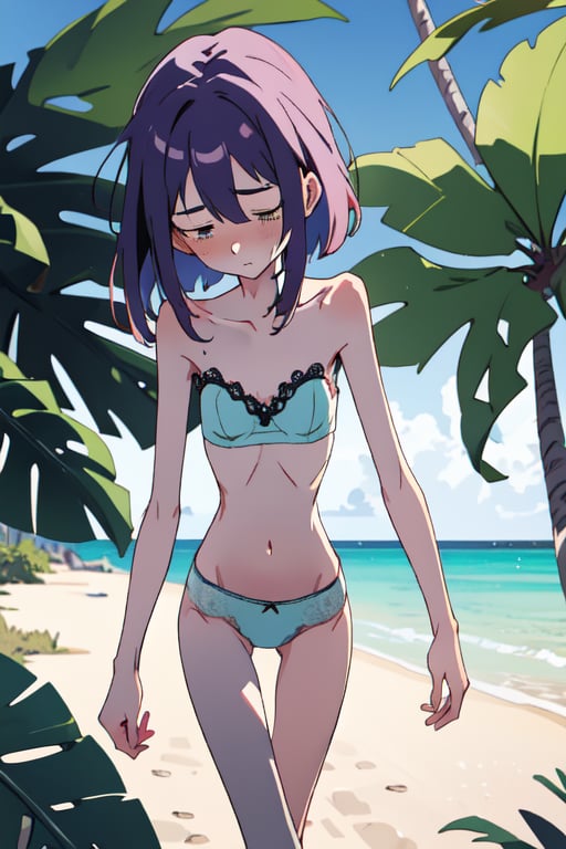 a very skinny woman, 19 years old, lace and sexy underwear, on a tropical island, at the beach, extreme malnourished, starving for weeks, fainting from hunger, exhausted, tired, walking, losing balance, fainting, getting unconscious, twilight, intimacy, soft lighting, masterpiece, best quality, high quality, highres, absurdres, very detailed, high resolution, sharp, sharp image, 8k, vivid, colorful, stunning, anime, aesthetic, skinny