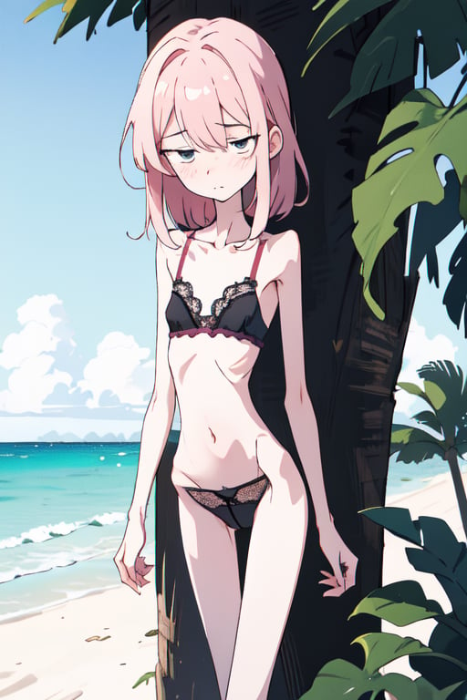 a very skinny woman, 19 years old, lace and sexy underwear, on a tropical island, at the beach, extreme malnourished, starving for weeks, fainting from hunger, exhausted, tired, walking, losing balance, fainting, getting unconscious, twilight, intimacy, soft lighting, masterpiece, best quality, high quality, highres, absurdres, very detailed, high resolution, sharp, sharp image, 8k, vivid, colorful, stunning, anime, aesthetic, skinny