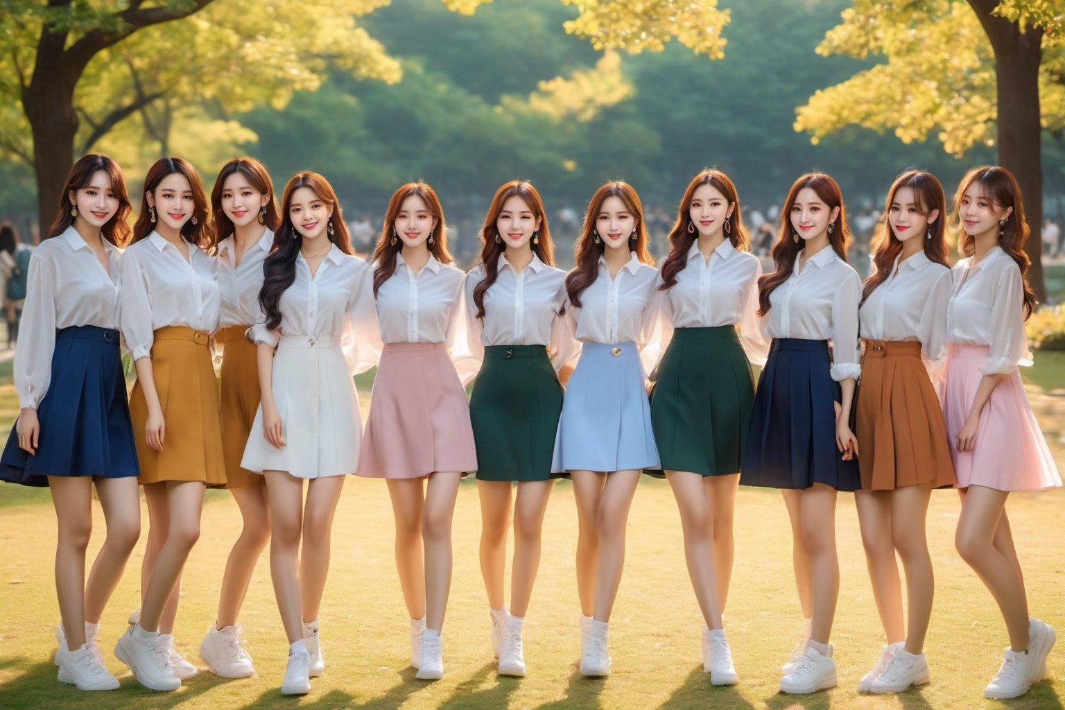 (masterpiece,best quality:1.3),(8k,raw photo,photo realistic:1.3),beautiful natural light,15girls,Group photo,k-pop,perfect face,looking_at_viewer,dress_shirt,miniskiry,at park,nice pose,smile,datailed background,good figure,hubggirl,more detail XL