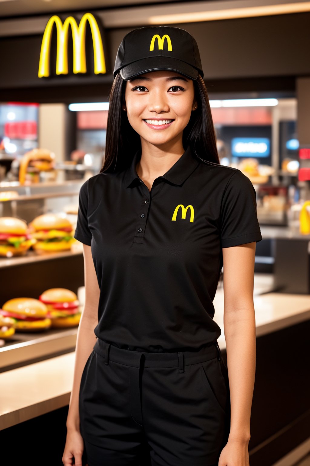 (a Japan female teenager face),(night,midnight),looking at viewer,detailed eyes,Japanese woman,(black hair),(midnight,night),((smiling)),(looking at viewer),(dance),(armpits),((tan skin,dark body)),dark skin,((eating hamburger)),((McDonald's uniform)),(McDonald's restaurant),(eat a burger),((fastfood restaurant uniform)),McDonaldsUniform,shirt, black shirt, black pants, cap