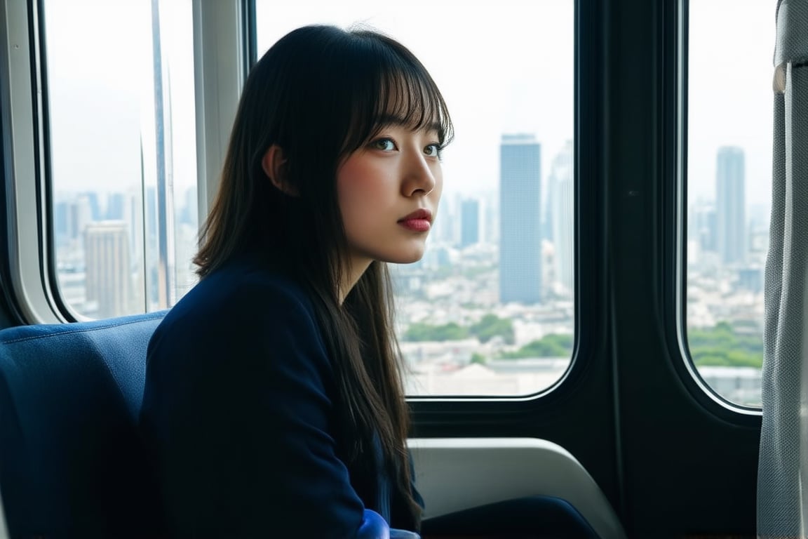 A young Japanese woman is sitting on the seat of a Japanese commuter train looking out the window at the city scenery,masterpiece,best quality,ultra detailed face,ultra detailed,4k,((green eyes,greeneyes,green_eyes)),skinny