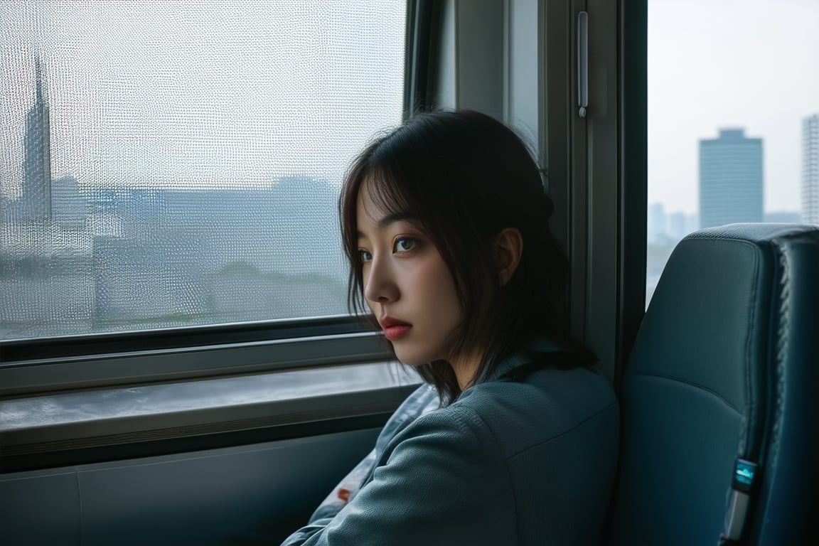 A young Japanese woman is sitting on the seat of a Japanese commuter train looking out the window at the city scenery,masterpiece,best quality,ultra detailed face,ultra detailed,4k,((green eyes,greeneyes,green_eyes)),skinny