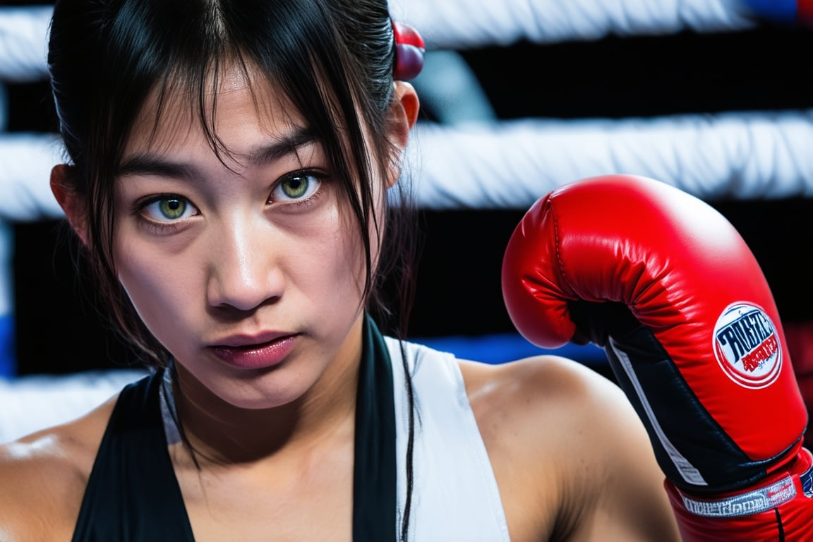 A young Japanese female boxer punches hard in the boxing ring, wearing boxing gloves, with a fierce expression and sweat on her face,masterpiece,best quality,ultra detailed face,ultra detailed,4k,((green eyes,greeneyes,green_eyes)),skinny,boobs