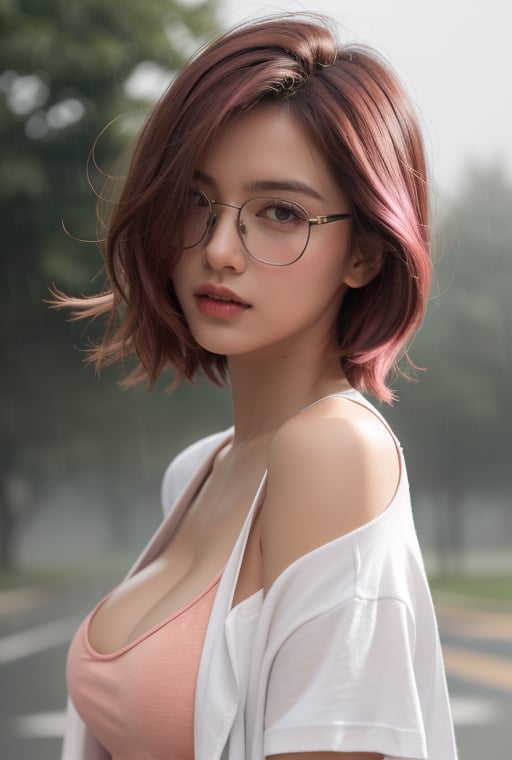 realistic photo,1girl,close_up,(red and pink multicolored hair)),(hair over one eye,red and pink long hair),((hair over one eye)),Best Quality, 32k, photorealistic, ultra-detailed, finely detailed, high resolution, perfect dynamic composition, beautiful detailed eyes, sharp-focus,tan,(looking at viewer), looking_at_viewer, front_view,(((dark skin))), dark skin,tan,(thunder),(stormy weather),(rain),((foggy)),(white raincoat),off shoulder,(wearing sunglasses),(lightning),(fog),(rain drop),(black low-cut T-shirt),((black low-cut T-shirt)),cleavage