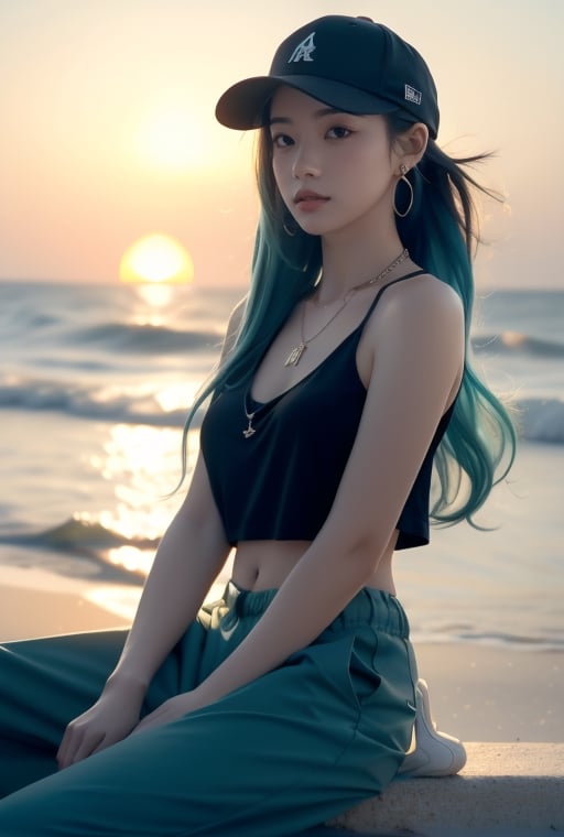 French girl,blue gradient hair(very long hair, curly_hair),long ponytail,hiphop dancer,wearing all black clothes (loose fit top and wide cargo pants),sneakers,accessories(necklace,ear_rings)baseball cap, sitting at sea bank,horizon,seaside,vivid sea color,red lighthouse,sunset,Best Quality, 32k, photorealistic, ultra-detailed, finely detailed, high resolution, perfect dynamic composition, beautiful detailed eyes, sharp-focus, cowboy_shot, ,European girl 