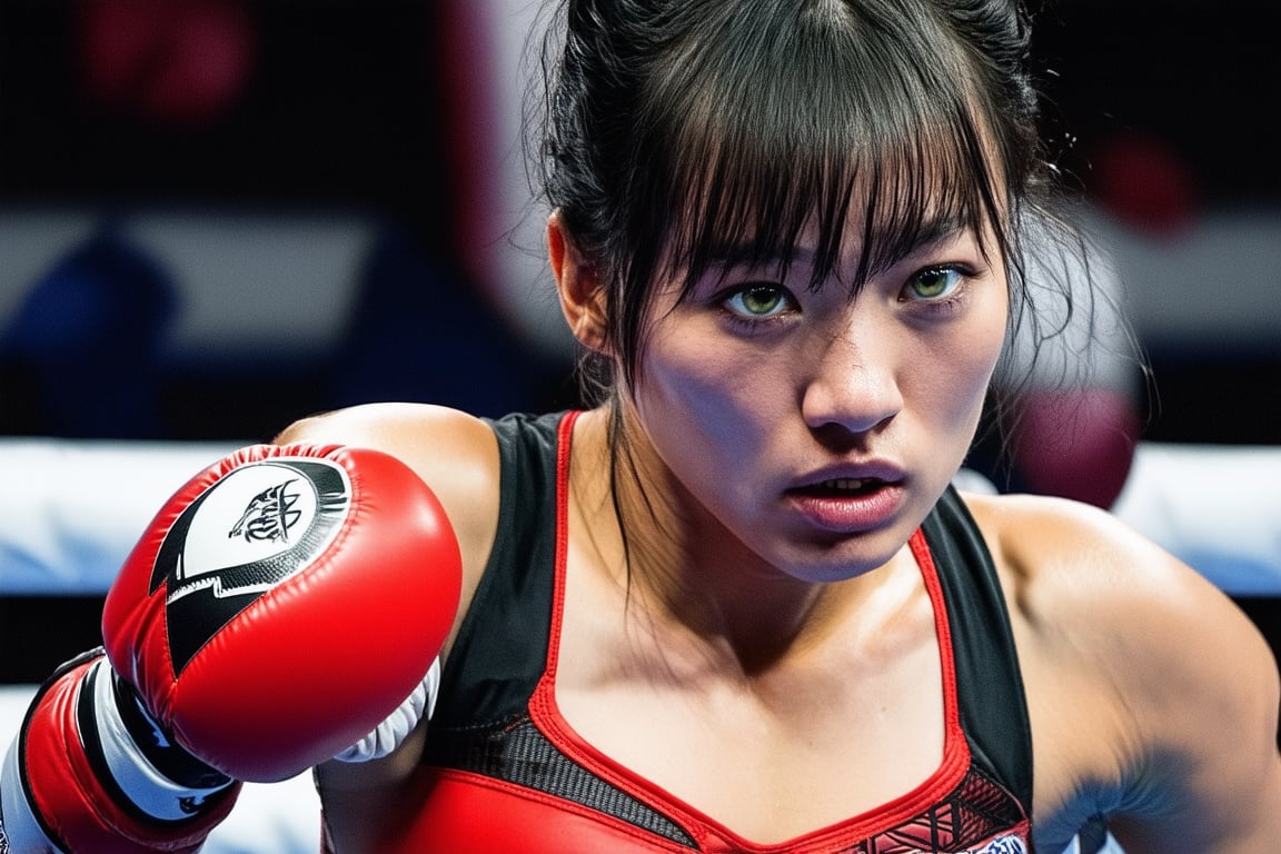 A young Japanese female boxer punches hard in the boxing ring, wearing boxing gloves, with a fierce expression and sweat on her face,masterpiece,best quality,ultra detailed face,ultra detailed,4k,((green eyes,greeneyes,green_eyes)),skinny,boobs