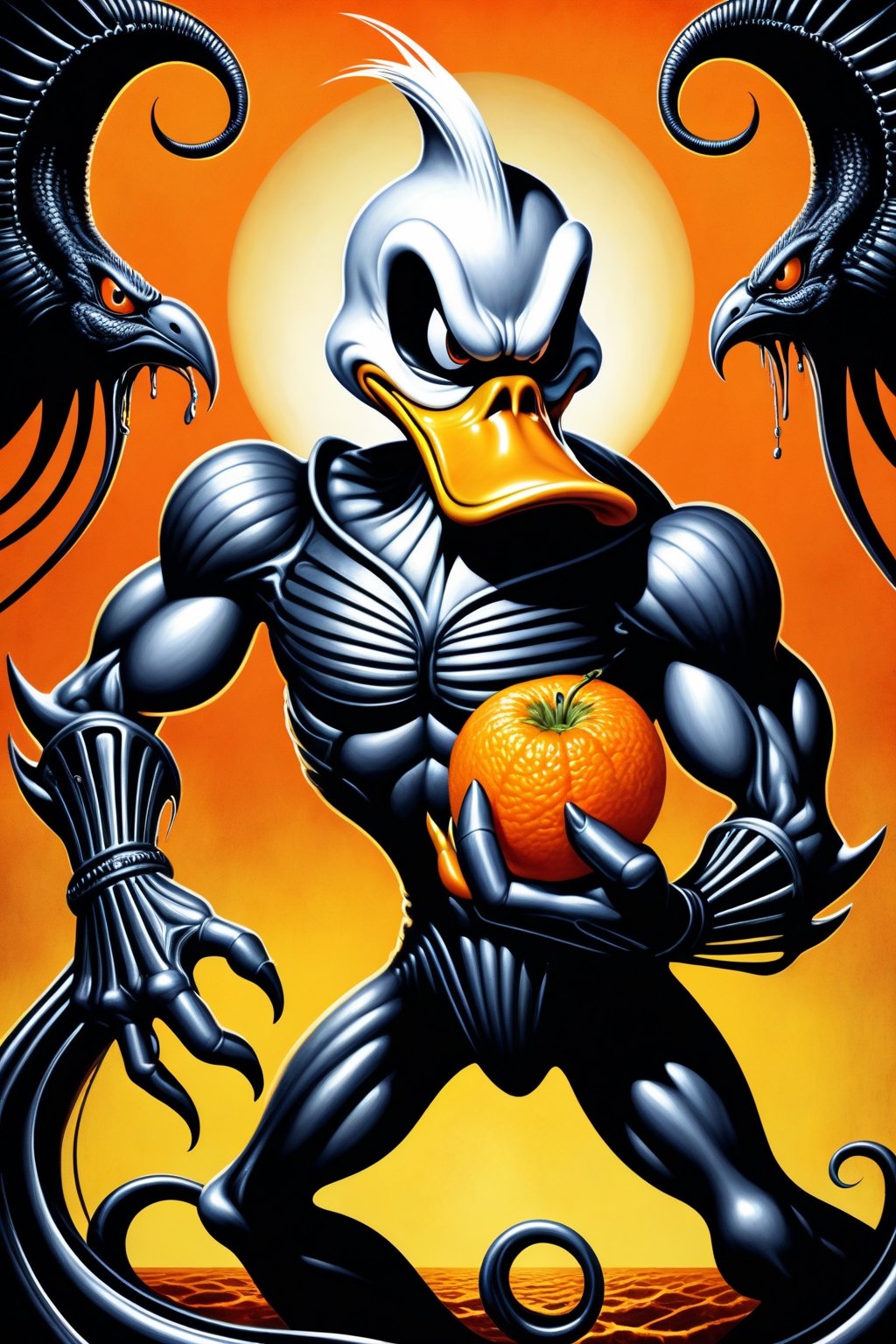 a (demonic looking donald duck) fighting a (crazy looking anthropomorphic human looking muscular orange fruit), (H.R. Giger Art style:1.4)