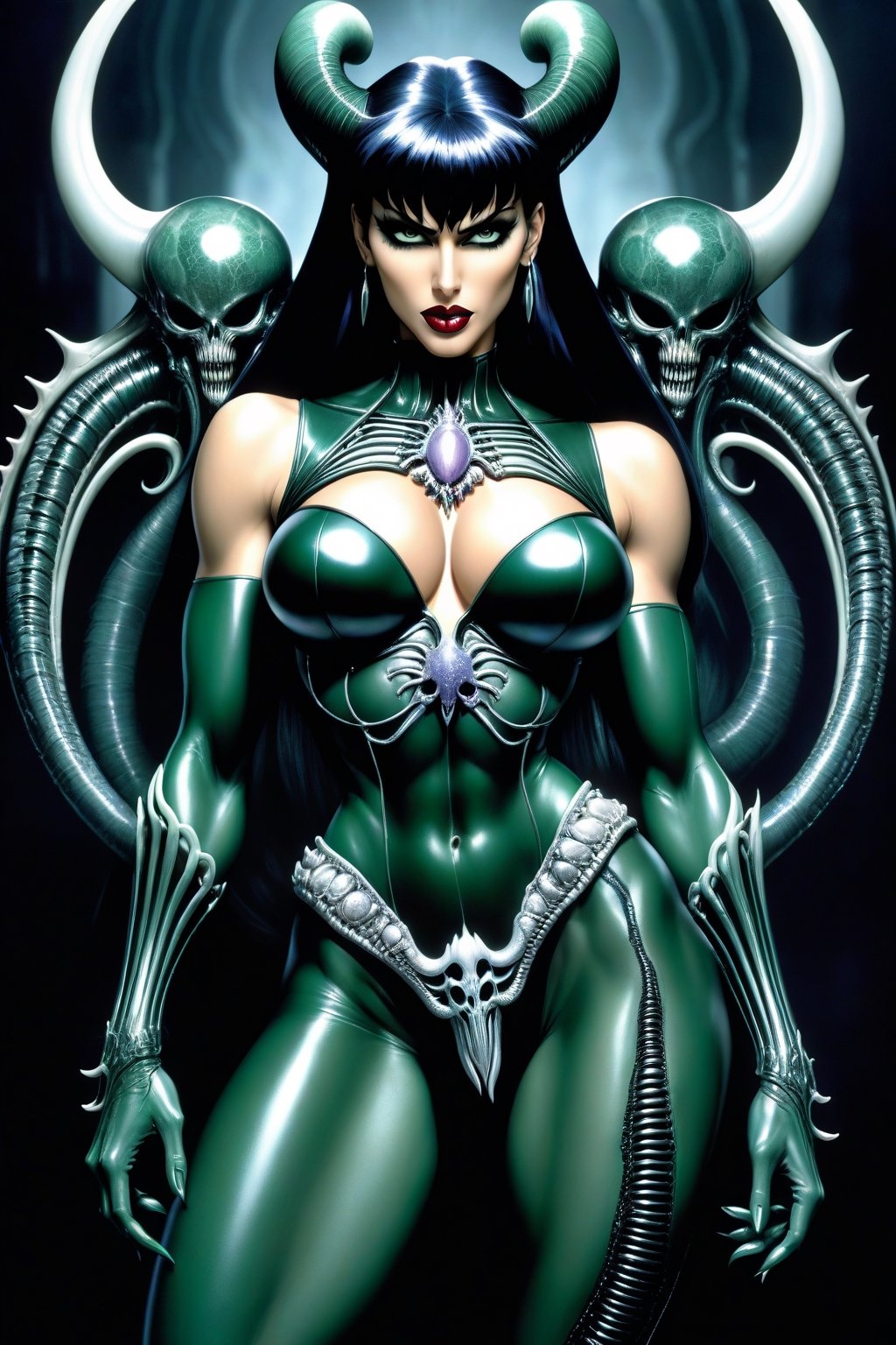 Extremely busty and extremely muscular Sailor Pluto, ,leg spread, female body builder type, very demonic looking, corrupted, evil, highly sexualized, seductress, venomized, veiny cracked skin(H.R. Giger Art style:2)