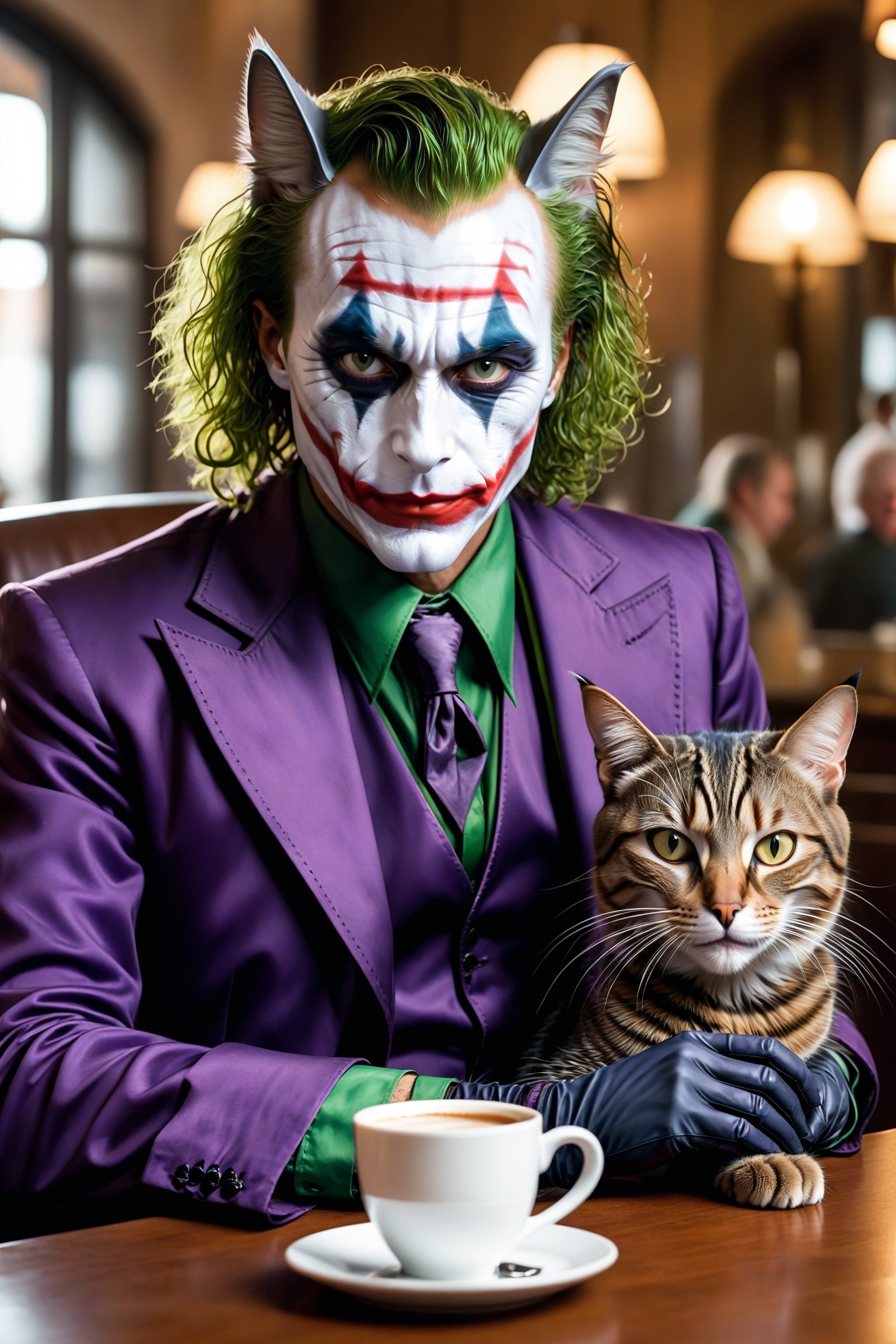 (The Joker:2.0) as (a rich anthropomorphic cat:2.2) in a restaurant enjoying a cup of coffee