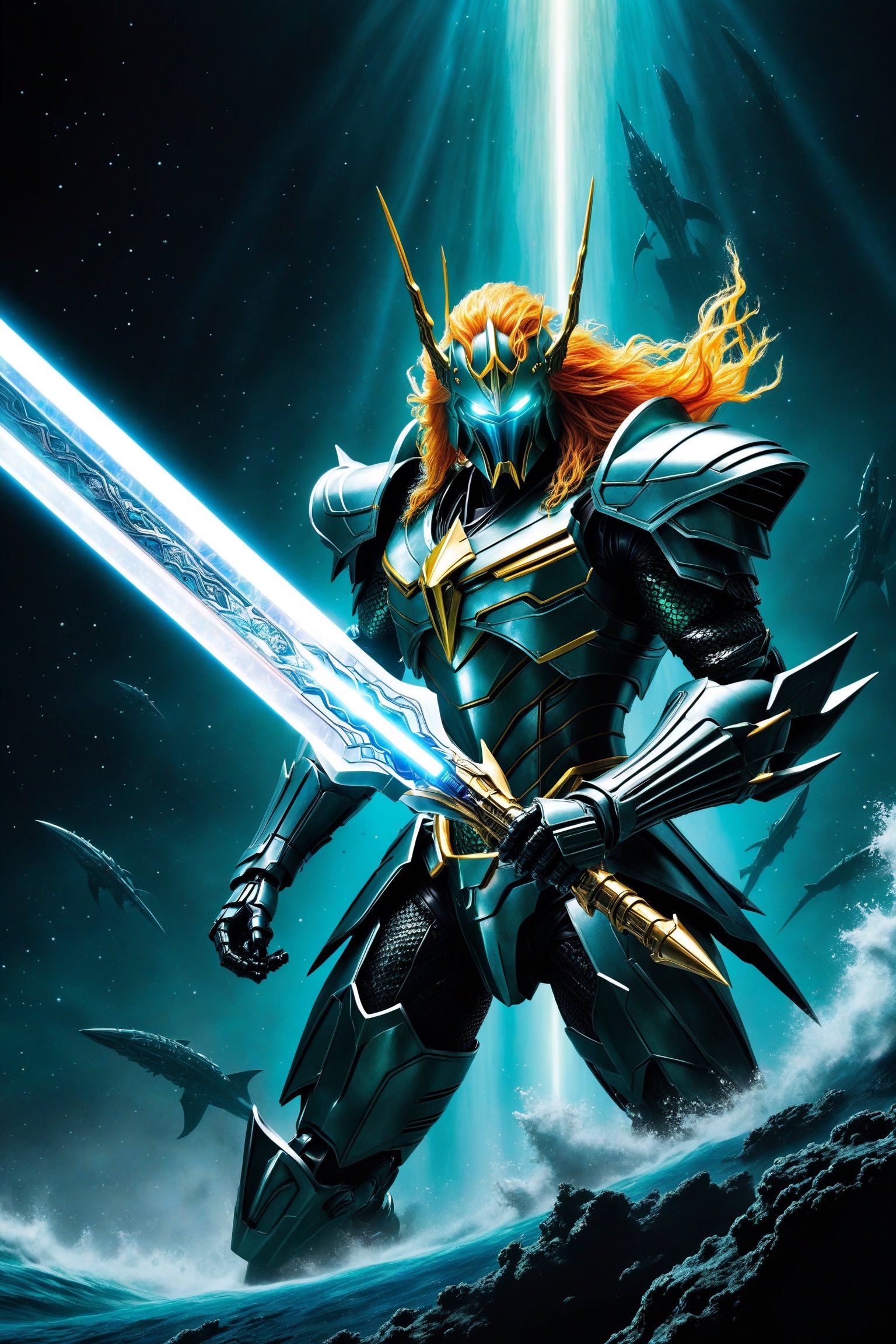 Aquaman:2) (as a Gundam:2.5), Fighting in  space with a beam saber (H.R. Giger's Art Style:3)