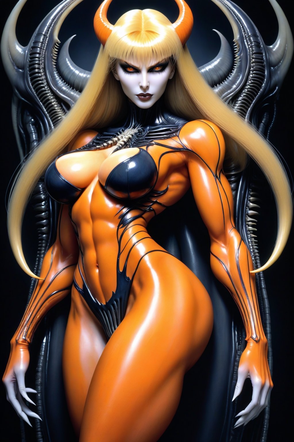 Extremely busty and extremely muscular Sailor Venus, ,leg spread, female body builder type, very demonic looking, corrupted, evil, highly sexualized, seductress, venomized, veiny cracked skin(H.R. Giger Art style:2)