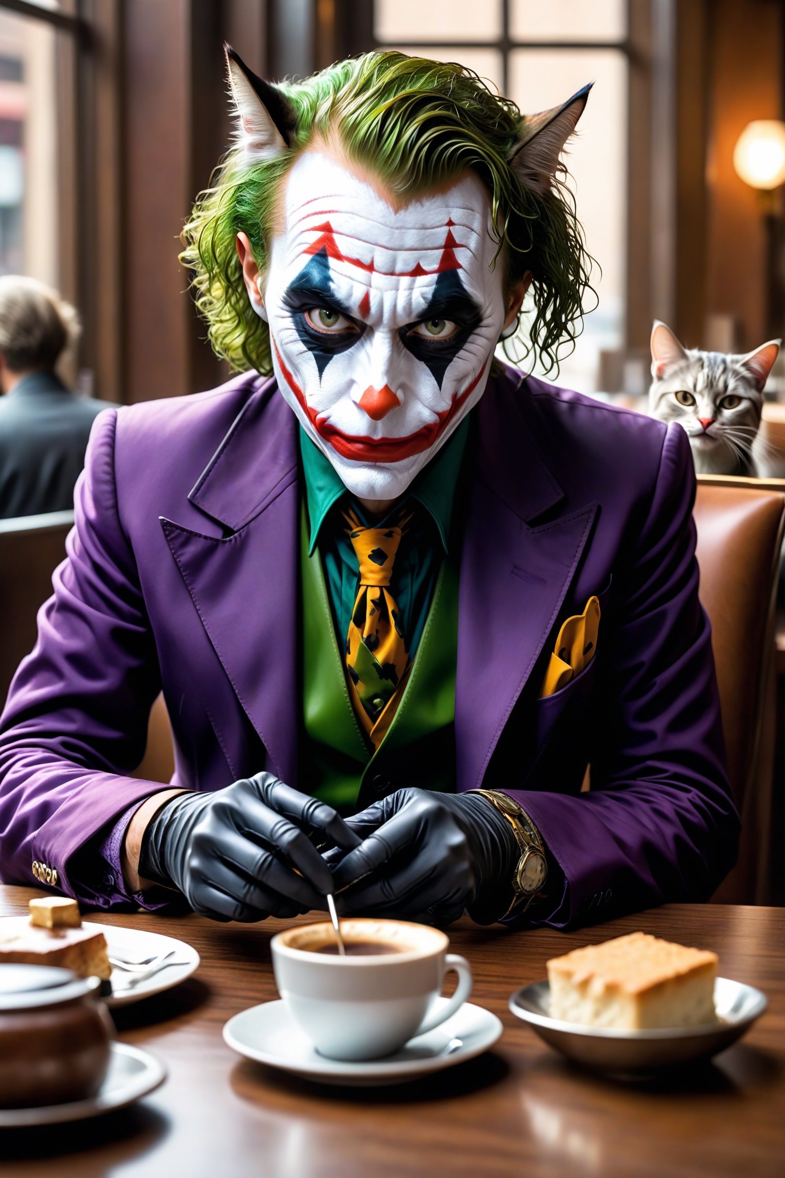 (The Joker:2.0) as (a rich anthropomorphic cat:2.2) in a restaurant enjoying a cup of coffee