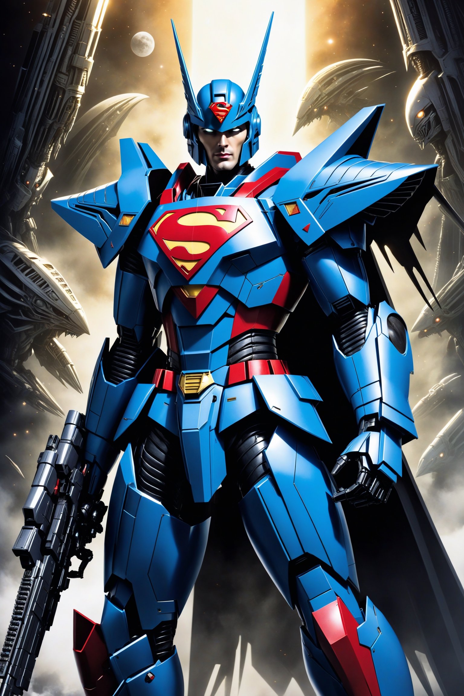 (Superman:2) (as a Gundam:2.5), Fighting in  space with a beam saber (H.R. Giger's Art Style:3)