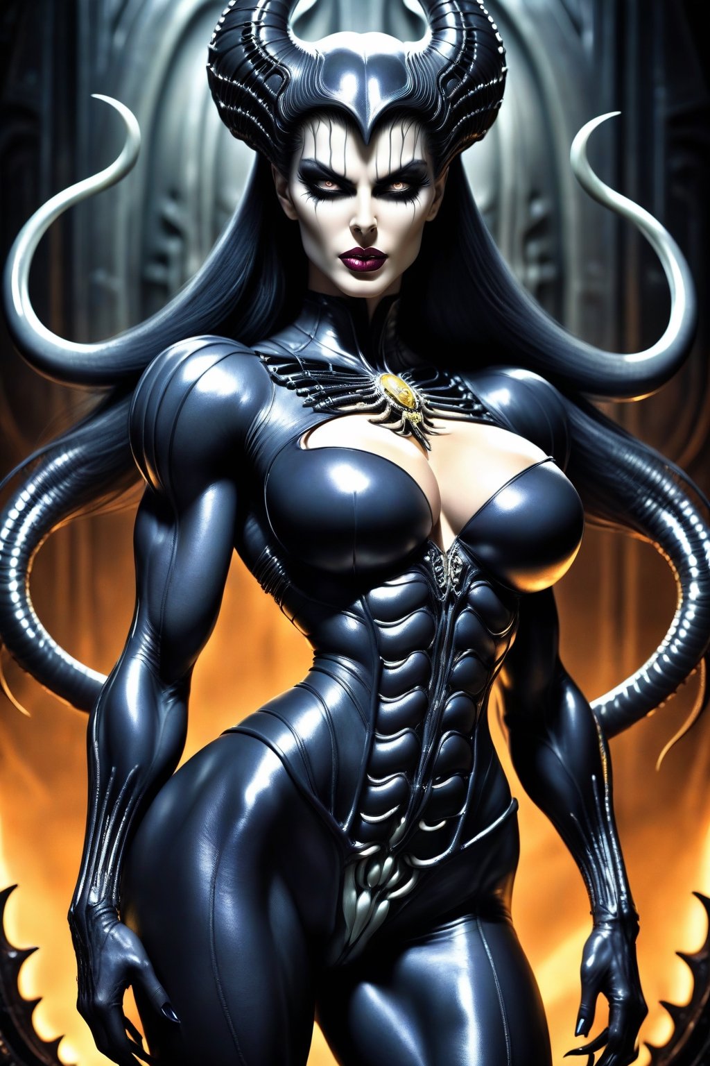 Extremely busty and extremely muscular Sailor Moon, ,leg spread, female body builder type, very demonic looking, corrupted, evil, highly sexualized, seductress, venomized, veiny cracked skin(H.R. Giger Art style:2)