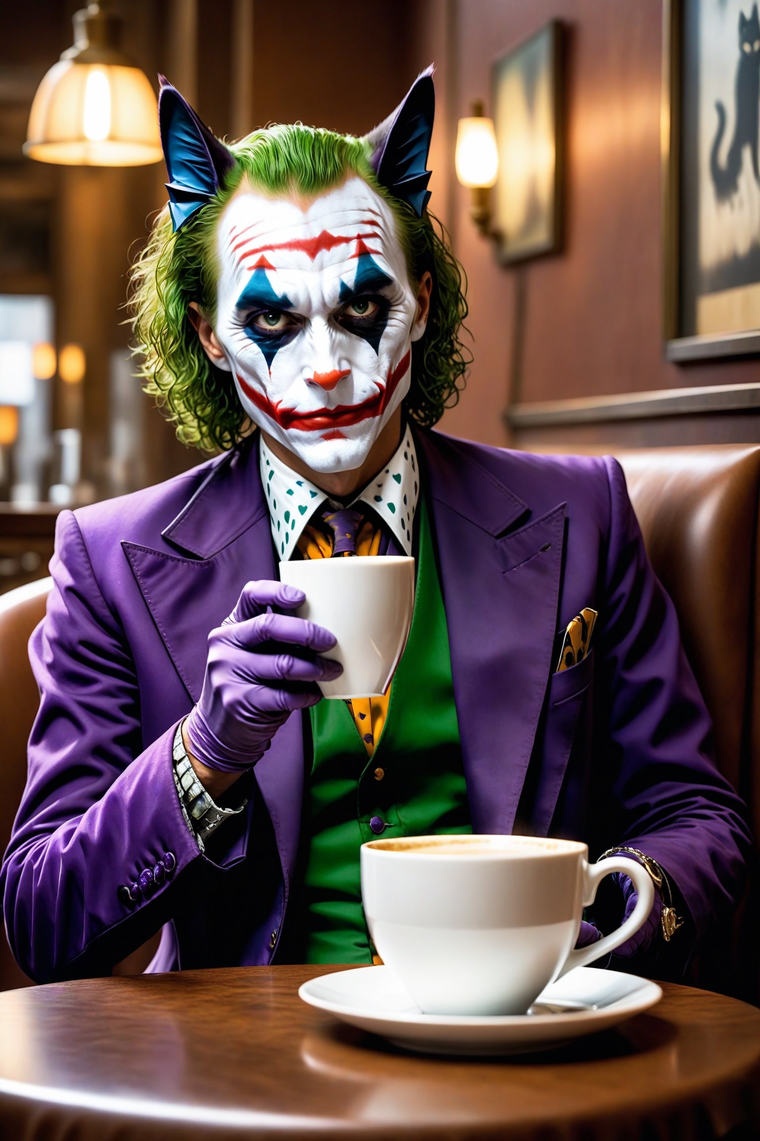 (The Joker:2.5) as (a rich anthropomorphic cat:2.5) in a restaurant enjoying a cup of coffee