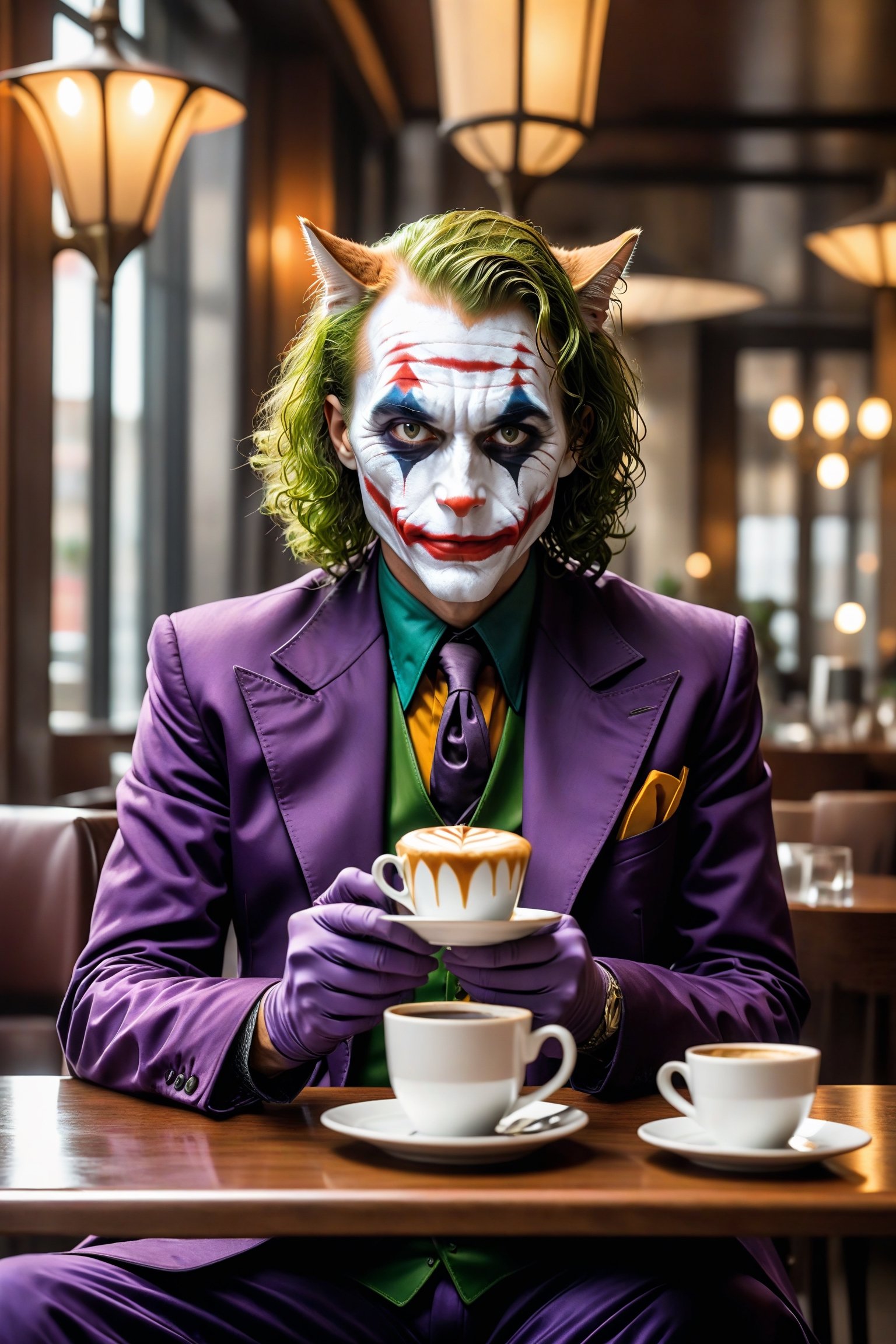 (The Joker:2.0) as (a rich anthropomorphic cat:2.2) in a restaurant enjoying a cup of coffee