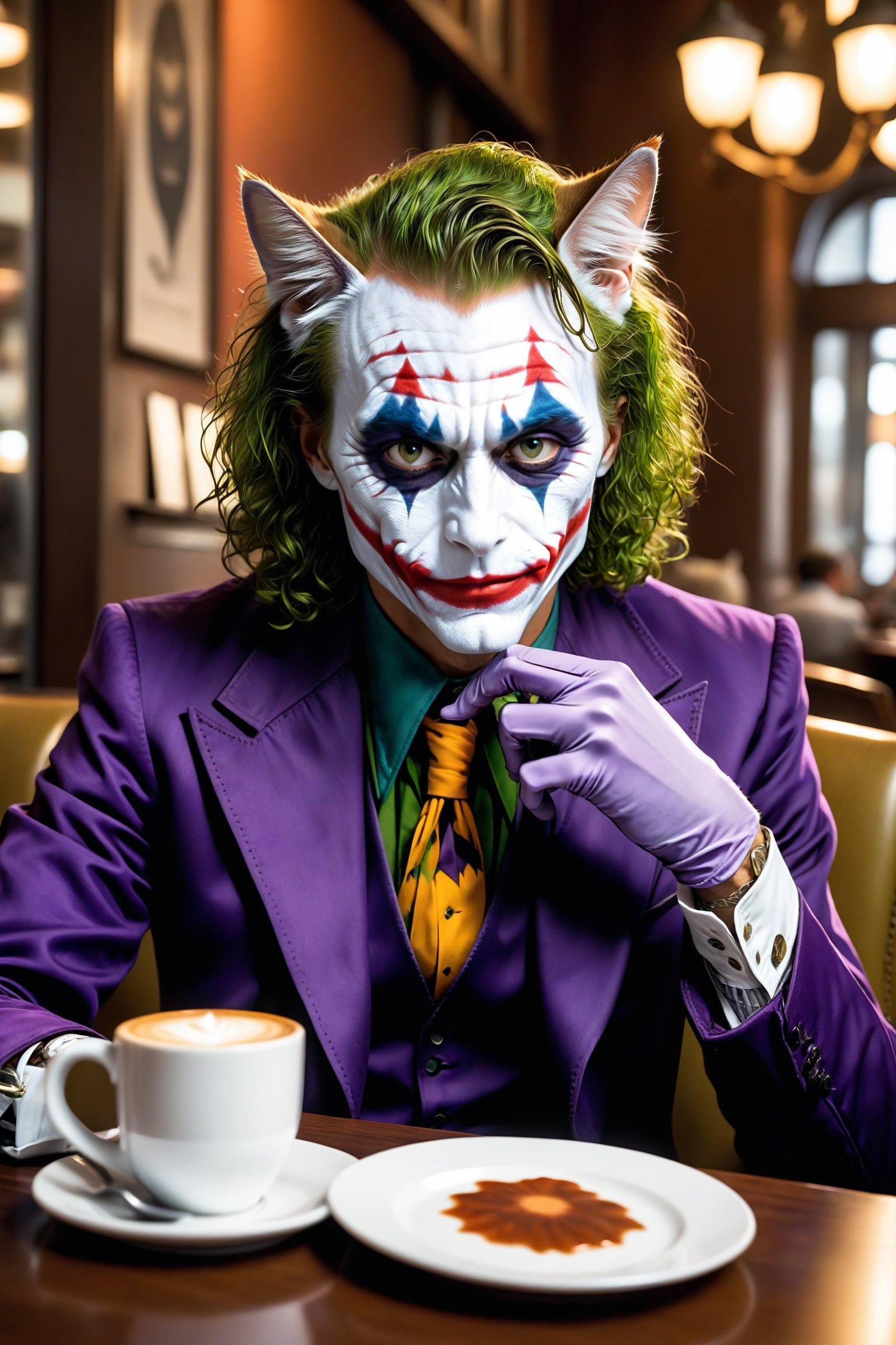 (The Joker:2.0) as (a rich anthropomorphic cat:2.2) in a restaurant enjoying a cup of coffee