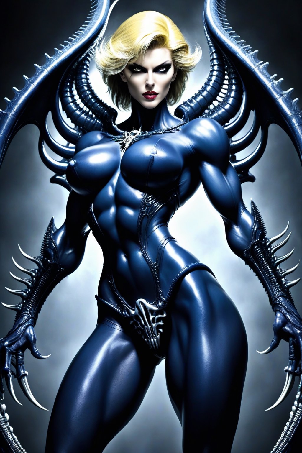 Extremely busty and extremely muscular Sailor Uranus, ,leg spread, female body builder type, very demonic looking, corrupted, evil, highly sexualized, seductress, venomized, veiny cracked skin(H.R. Giger Art style:2)