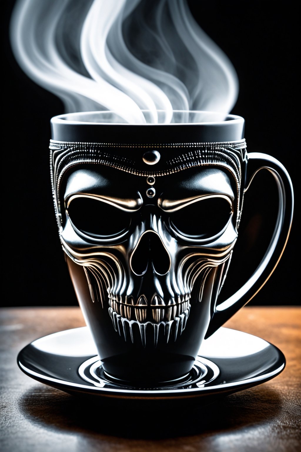 steaming cup of coffee, H.R. Giger Art style.